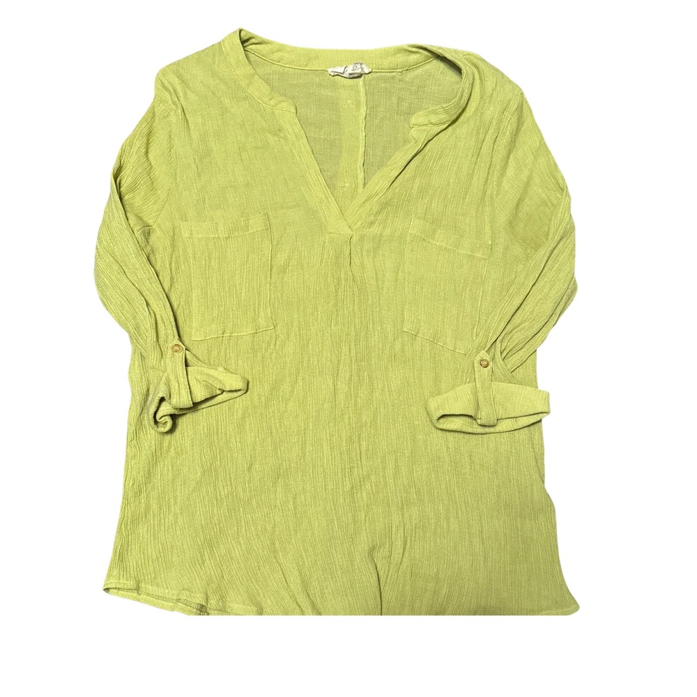 Flower & Feather Chartreuse Green Gauze Tab Sleeve Tunic Top Plus Size XL 3XL